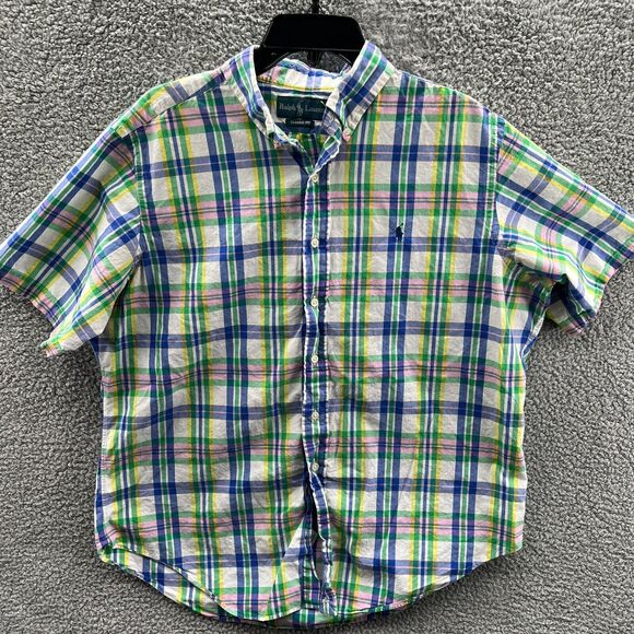Ralph Lauren Polo Shirt Mens Classic Fit Yellow Blue Plaid Button Up Pony XL - Picture 1 of 15
